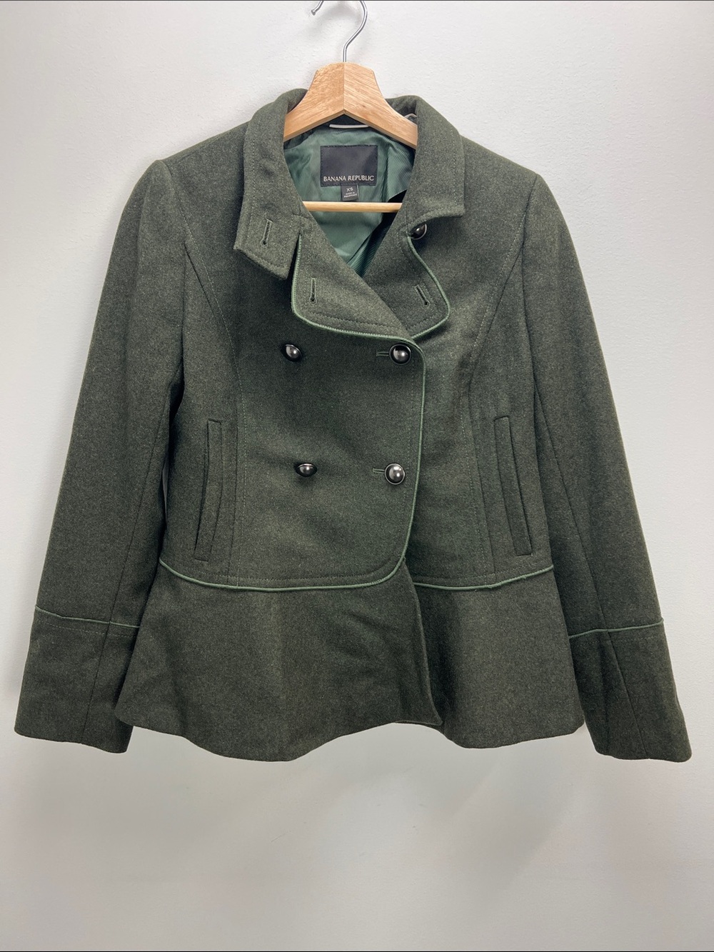 Banana Republic Mario Bellucci Italian Fabric Green Wool Military Coat Womens XS